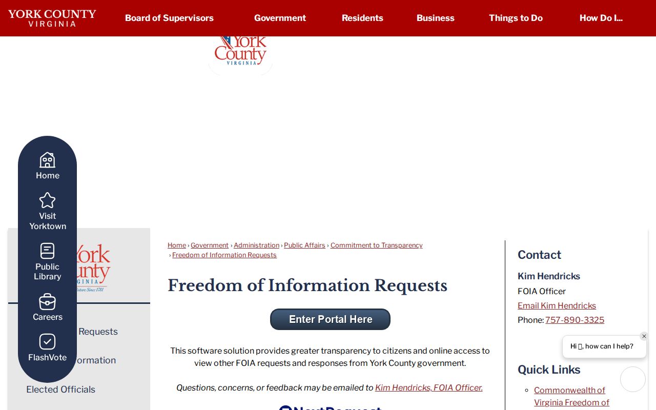 York County warrant records reference showing the official records request routing page