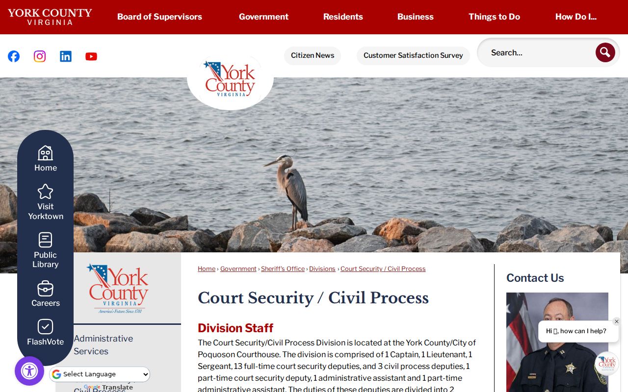 York County municipal warrant reference showing the Civil Process and Court Security page