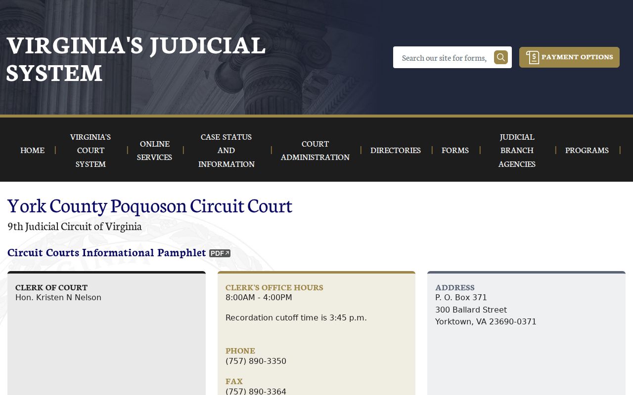 York County municipal warrant reference showing the York County-Poquoson Circuit Court directory