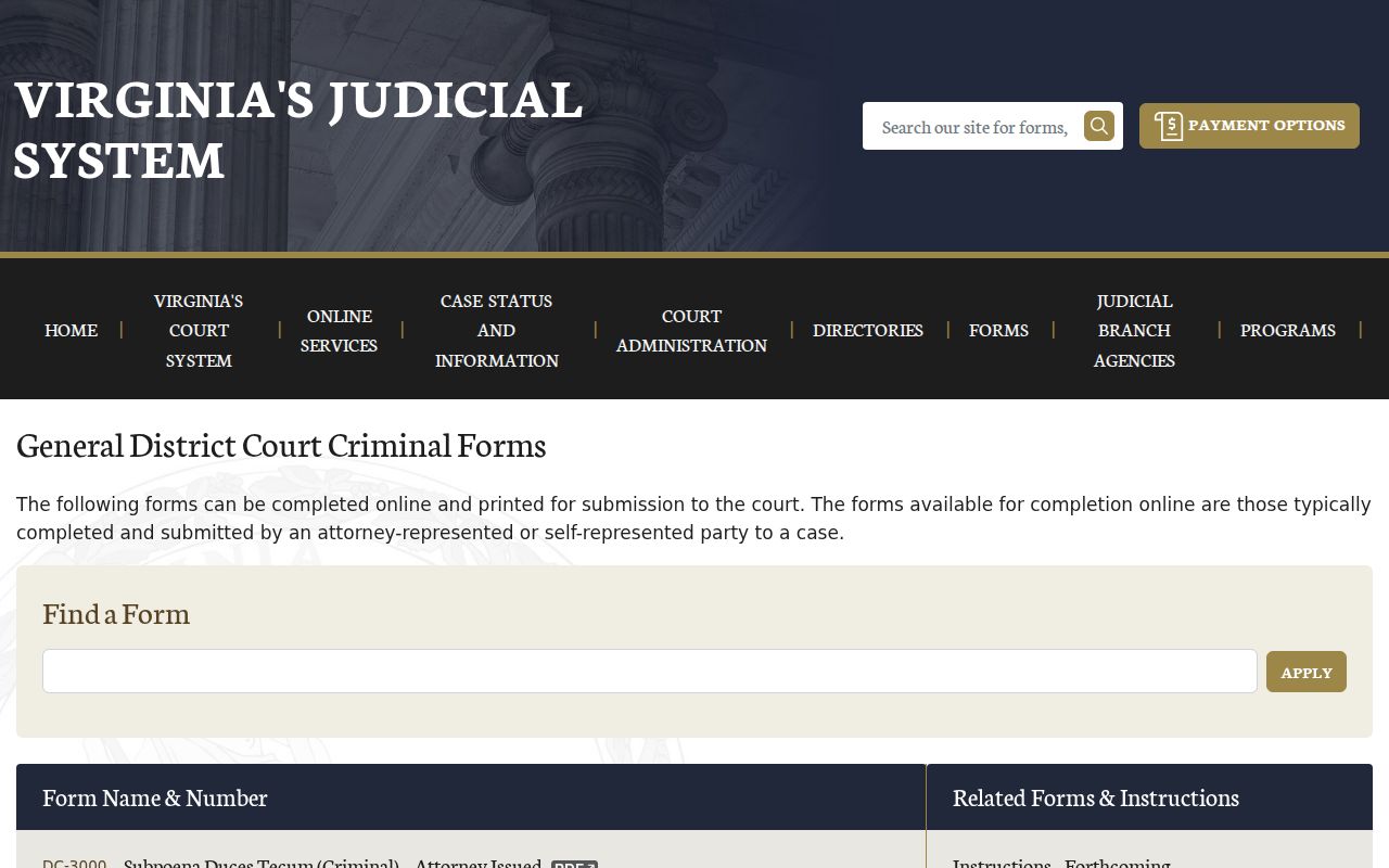 York County bench warrant reference showing Virginia General District criminal forms