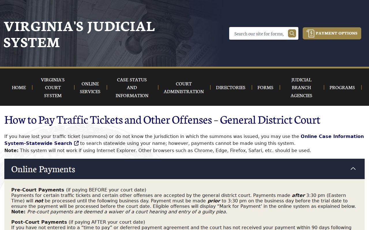 York County traffic warrant reference showing official Virginia traffic payment timing and rules