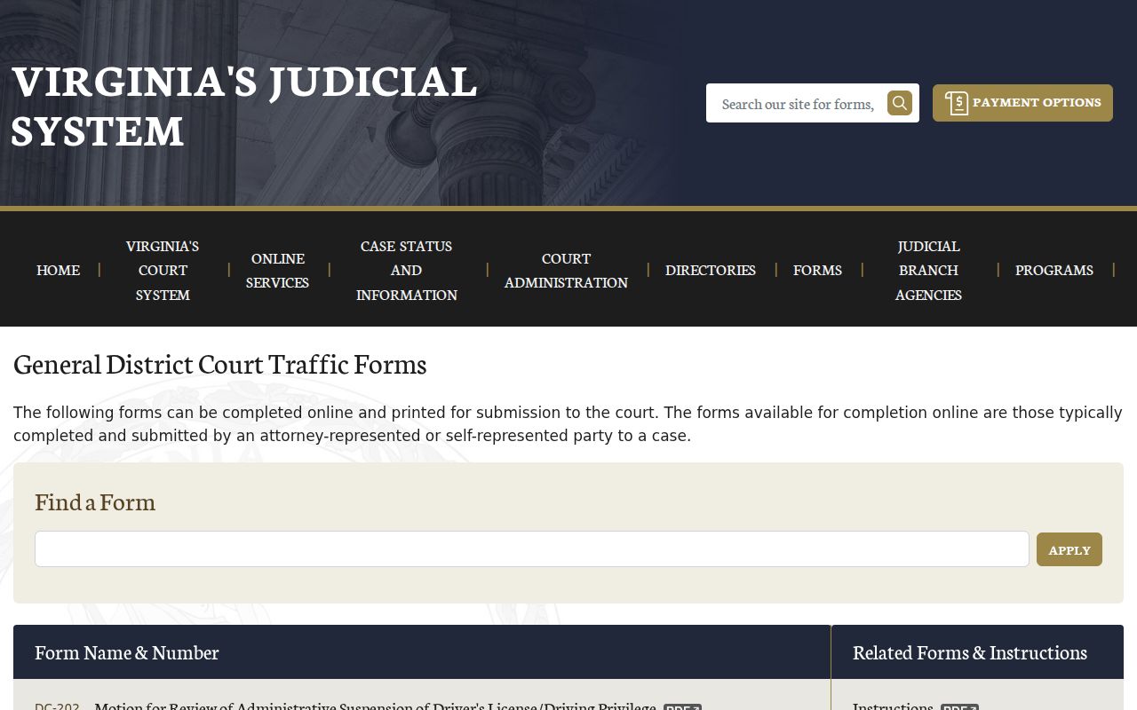 York County traffic warrant reference showing the Virginia General District traffic forms index