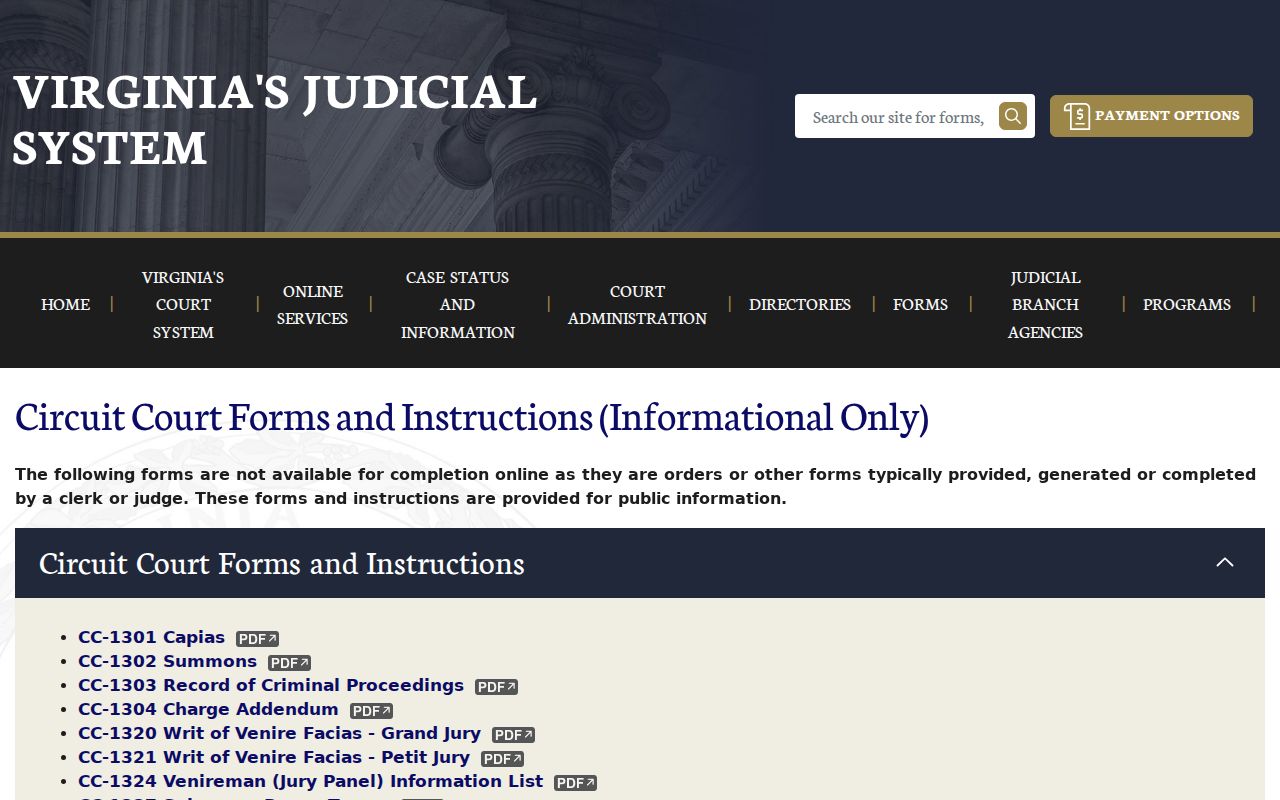 York County bench warrant reference showing the Circuit Court capias form index