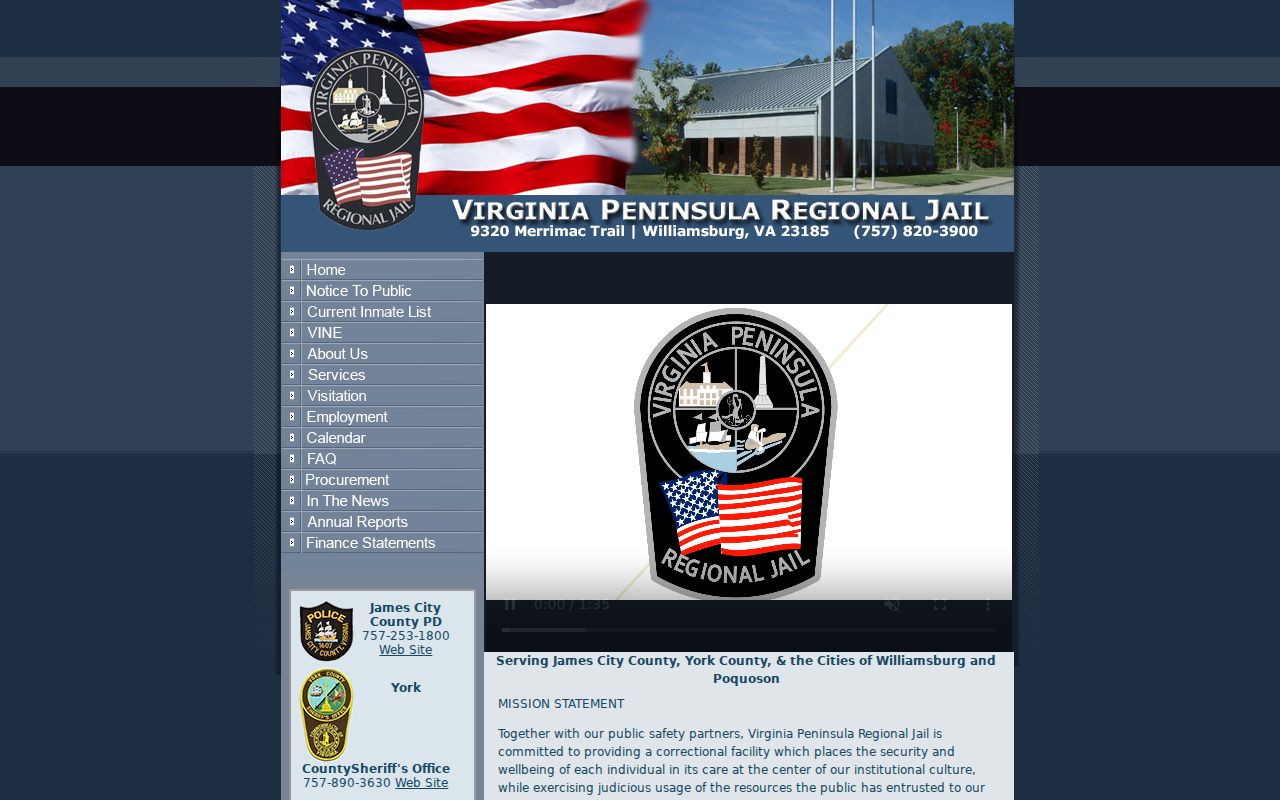 York County arrest warrant reference showing the Virginia Peninsula Regional Jail information page