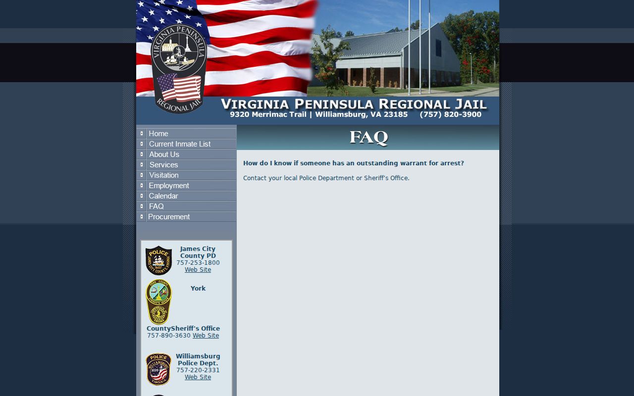 York County active warrant reference showing VPRJ guidance to contact local police or the sheriff