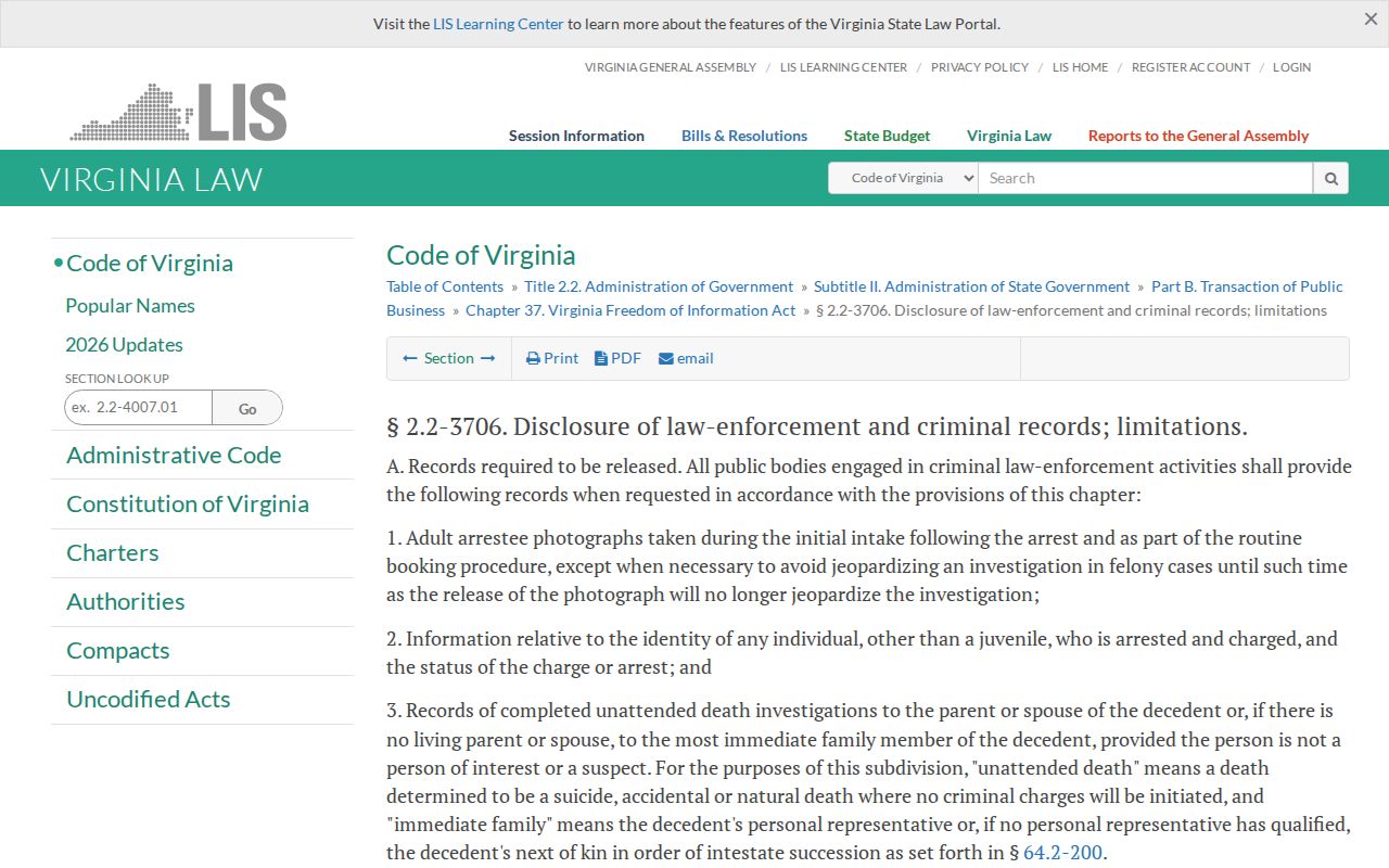 York County warrant records reference showing law enforcement record disclosure and exemptions under Virginia FOIA