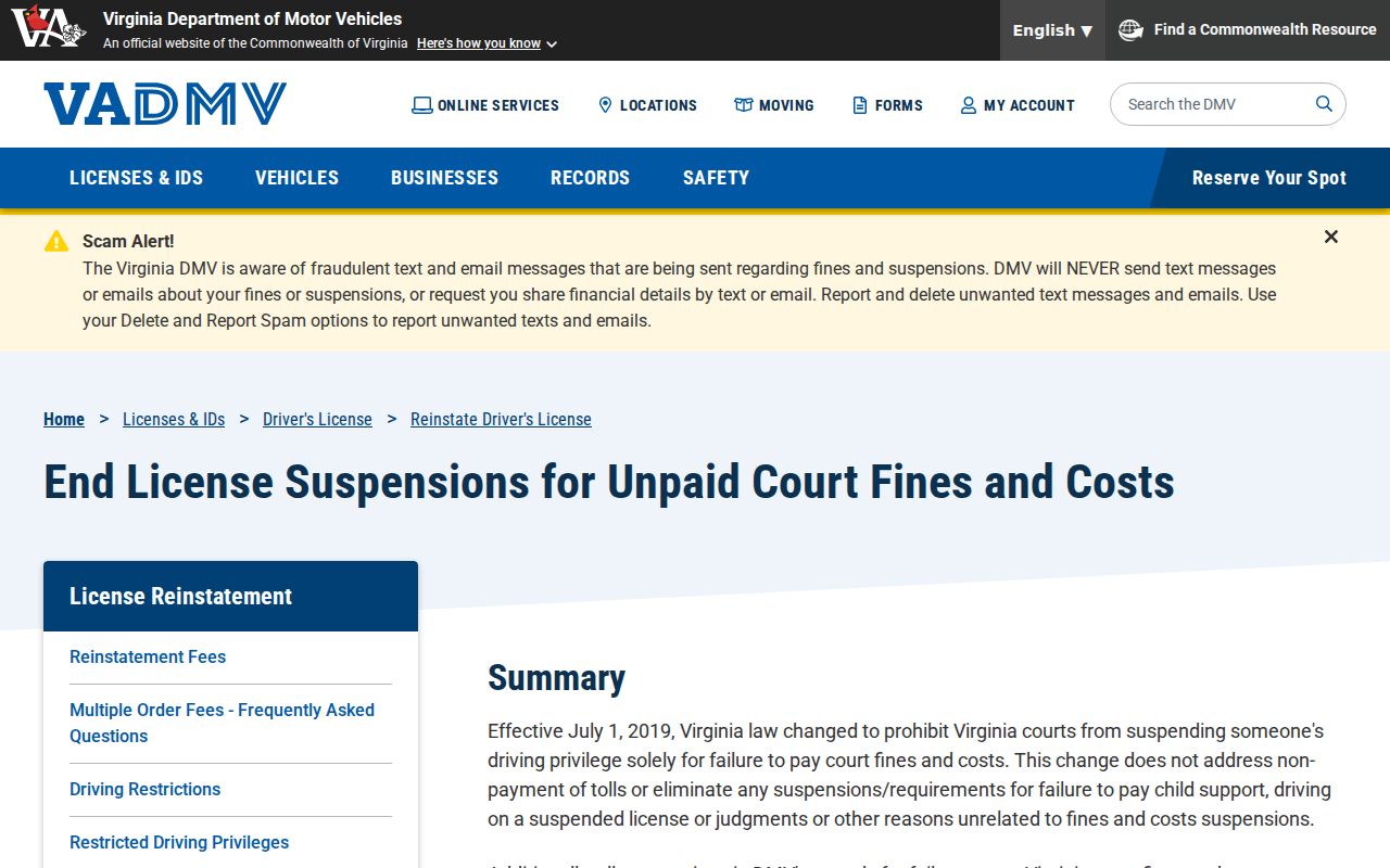 York County traffic warrant reference showing Virginia DMV guidance on court fines and license status
