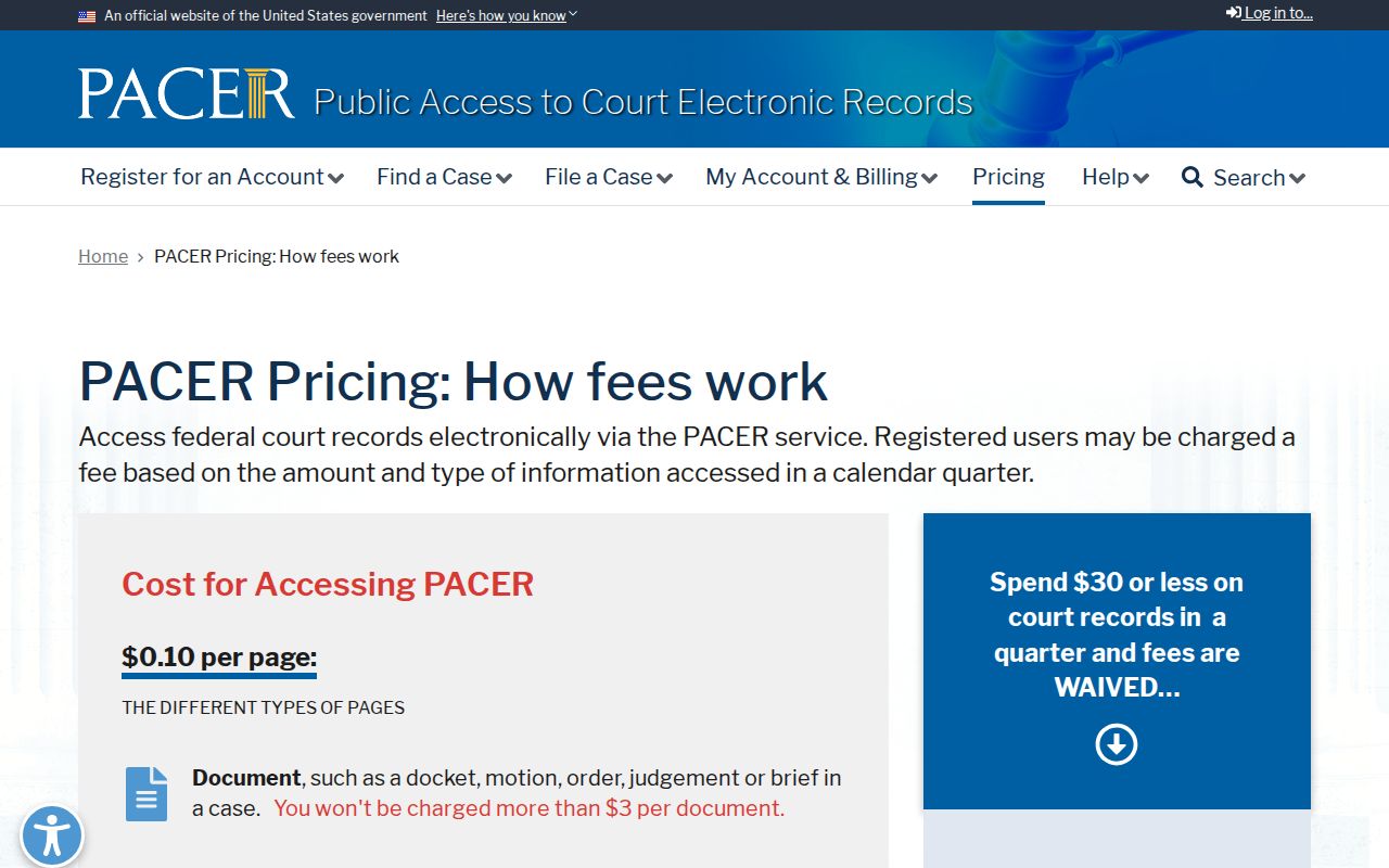York County warrant reference showing the federal PACER pricing and access page